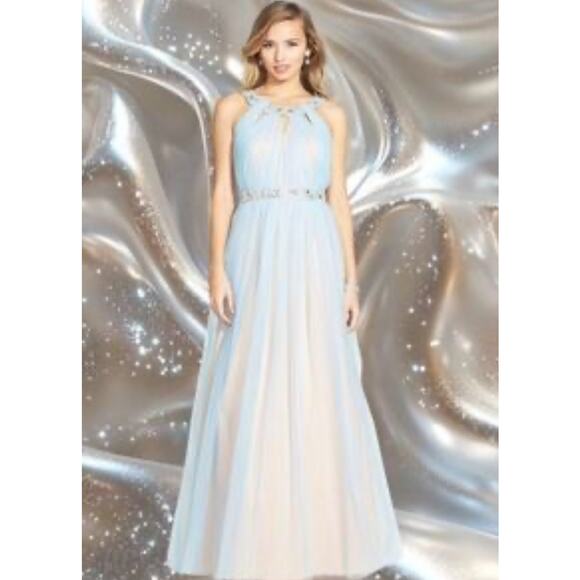 City Triangles Nude and sky blue jeweled halter top maxi Prom Dress. Size 17 - Picture 1 of 11